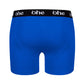 Back view of blue men's bamboo underwear boxer shorts with black waist band and white 'ohe logo