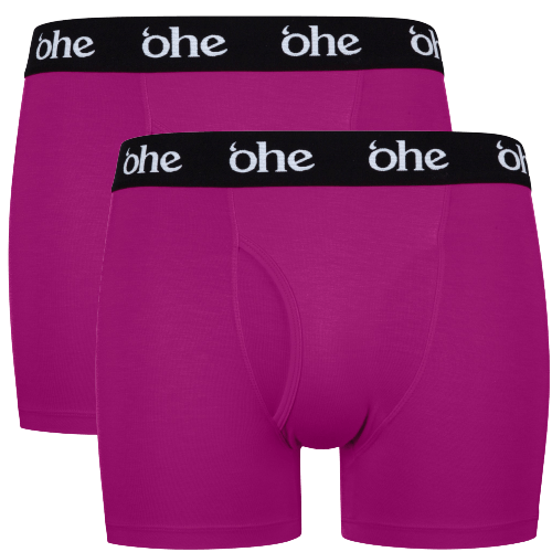 Front view of men's double-pack of purple/magenta bamboo underwear boxer shorts with black waist band and white 'ohe logo