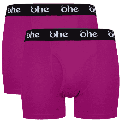 Front view of double pack purple men's bamboo underwear boxer shorts with black waist band and white 'ohe logo