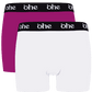 Front view of men's double-pack of magenta/purple and white bamboo underwear boxer shorts with black waist band and white 'ohe logo