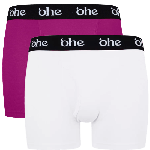 Front view of men's double-pack of magenta/purple and white bamboo underwear boxer shorts with black waist band and white 'ohe logo