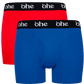 Front view of men's double-pack of red and blue bamboo underwear boxer shorts with black waist band and white 'ohe logo