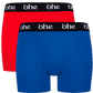 Front view of men's double-pack of red and blue bamboo underwear boxer shorts with black waist band and white 'ohe logo