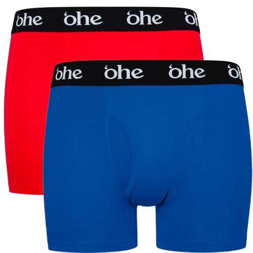 Front view of men's double-pack of red and blue bamboo underwear boxer shorts with black waist band and white 'ohe logo