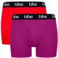 Front view of men's double-pack of red and purple bamboo underwear boxer shorts with black waist band and white 'ohe logo