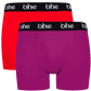 Front view of men's double-pack of red and purple bamboo underwear boxer shorts with black waist band and white 'ohe logo