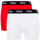 Front view of men's double-pack of red and white bamboo underwear boxer shorts with black waist band and white 'ohe logo