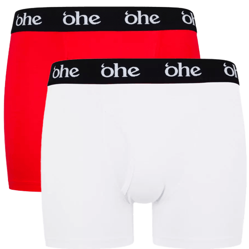 Front view of men's double-pack of red and white bamboo underwear boxer shorts with black waist band and white 'ohe logo