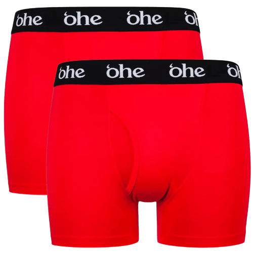 Front view of men's double-pack of red bamboo underwear boxer shorts with black waist band and white 'ohe logo
