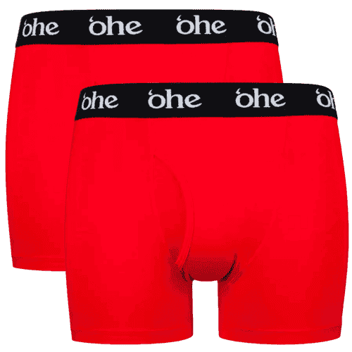 Front view of double pack red men's bamboo underwear boxer shorts with black waist band and white 'ohe logo