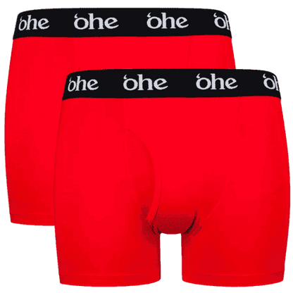 Front view of double pack red men's bamboo underwear boxer shorts with black waist band and white 'ohe logo