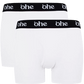 Front view of double pack white men's bamboo underwear boxer shorts with black waist band and white 'ohe logo
